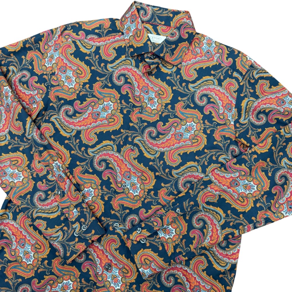 Eton Paisley Button Down Shirt Mens 16 41 Navy Blue Contemporary Fit Long Sleeve